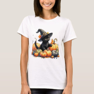 Zwarte Halloween Kitten Met Pompoenen & Heks Pet T-shirt