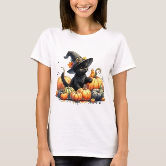 Zwarte Halloween Kitten Met Pompoenen & Heks Pet T-shirt (Voorkant)