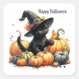 Zwarte Halloween Kitten Met Pompoenen & Heks Pet Vierkante Sticker