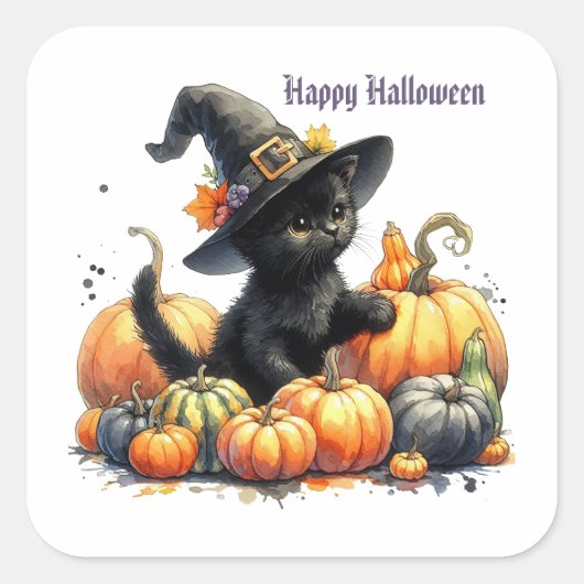 Zwarte Halloween Kitten Met Pompoenen & Heks Pet Vierkante Sticker (Voorkant)