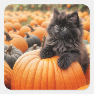 Zwarte Halloween Kitten Op Een Pompoen Vierkante Sticker
