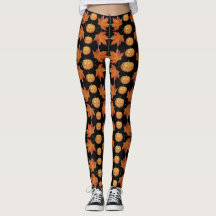 Zwarte Halloween Leggings met pompoen & bladeren