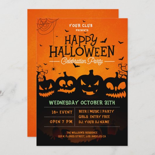 Zwarte halloween pompoenen en vleermuizen nodigen kaart (Voorkant / Achterkant)