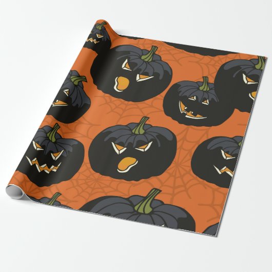 Zwarte Halloween pompoenen op Sinaasappel Cadeaupapier (Uitgerold)