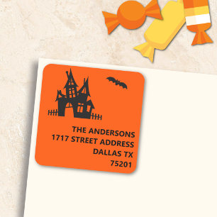 Zwarte Halloween retouradres sticker op oranje ach
