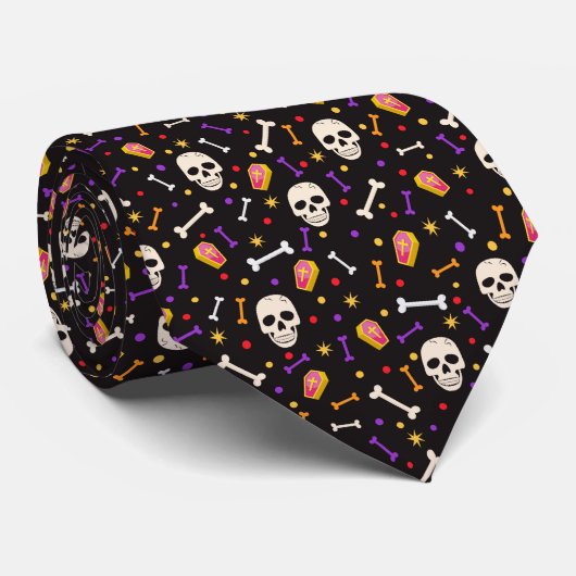 Zwarte Halloween Skull Bone Coffin Pattern Stropdas (Opgerold)