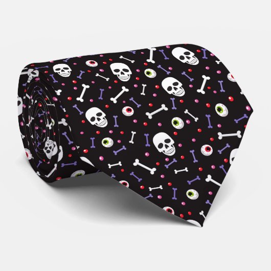 Zwarte Halloween Skull Eyeballs Botten Patroon Stropdas (Opgerold)
