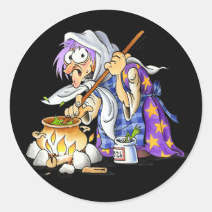 Zwarte halloween-Stickers met Paarse heks Ronde Sticker