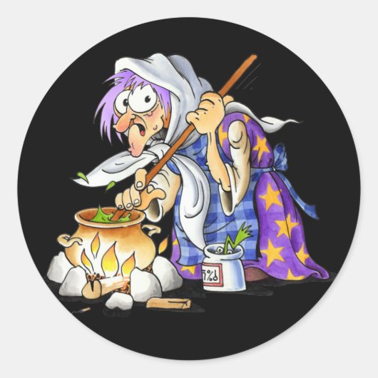 Zwarte halloween-Stickers met Paarse heks Ronde Sticker (Voorkant)