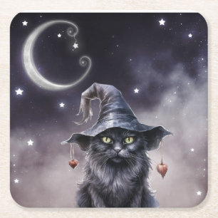 Zwarte Halloweenkat met een Heksenhoed  Kartonnen Onderzetters