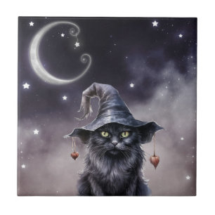 Zwarte Halloweenkat met een heksenhoed Tegeltje