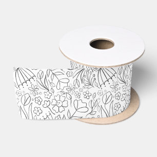Zwarte hand getekende doodle bloemen satijnen lint