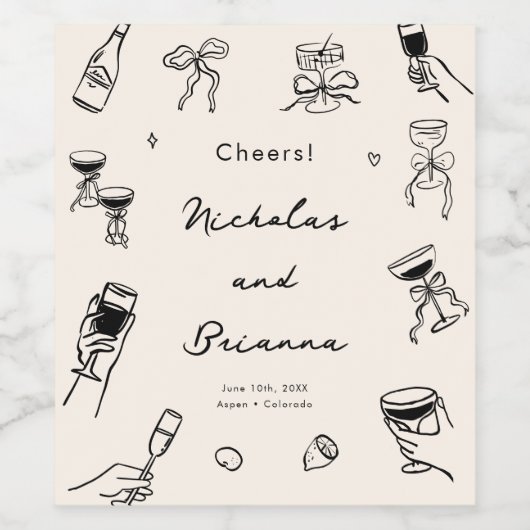 Zwarte Hand Getrokken Eigenzinnige Huwelijk Wijn Etiket (Enkel label)