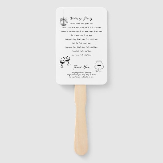 Zwarte Hand Getrokken Illustraties Trouwprogramma Handwaaier (Achterkant)