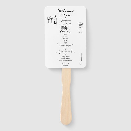 Zwarte Hand Getrokken Illustraties Trouwprogramma Handwaaier (Voorkant)