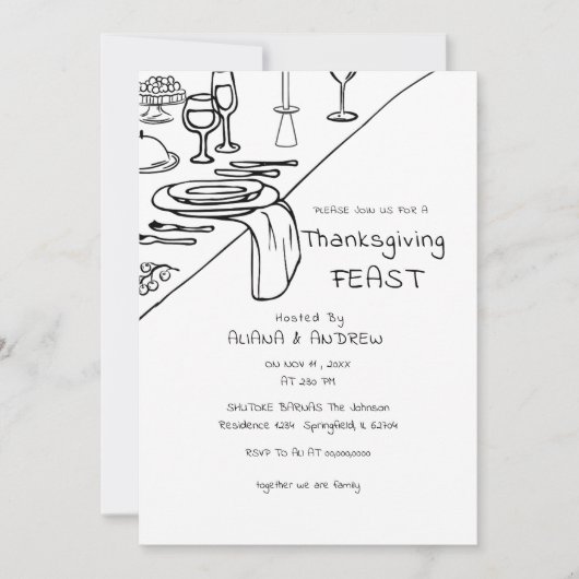 Zwarte Hand Getrokken Whimsy Thanksgiving Diner Kaart (Voorkant)