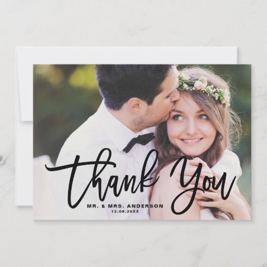 Zwarte Hand Lettering Moderne foto bruiloft Bedankkaart (Voorkant)
