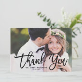 Zwarte Hand Lettering Moderne foto bruiloft Bedankkaart (Staand voorkant)