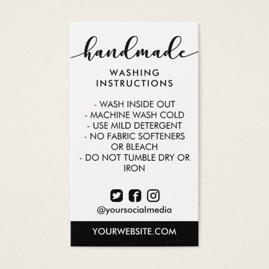 Zwarte handgemaakte wasinstructies Sociale media Visitekaartje (Voorkant)