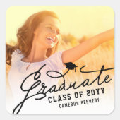 Zwarte handgeschreven graduate script moderne foto vierkante sticker (Voorkant)