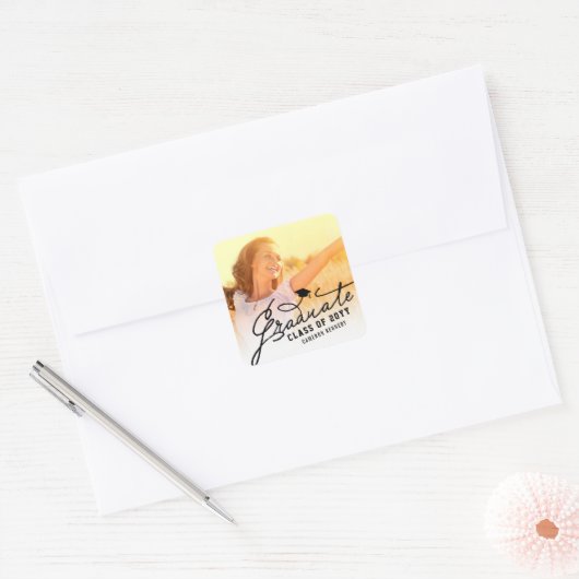 Zwarte handgeschreven graduate script moderne foto vierkante sticker (Envelop)