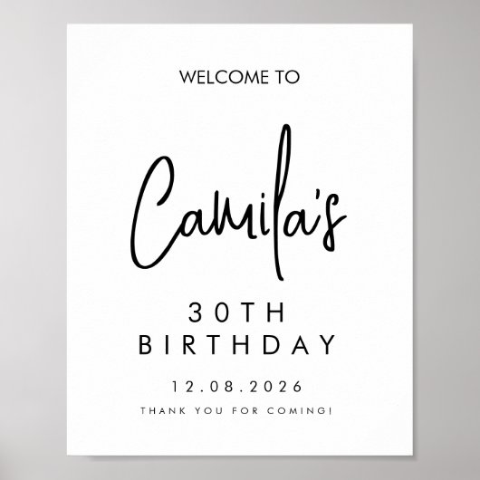 Zwarte Handgeschreven Script 30e Verjaardag Welkom Poster (Voorkant)