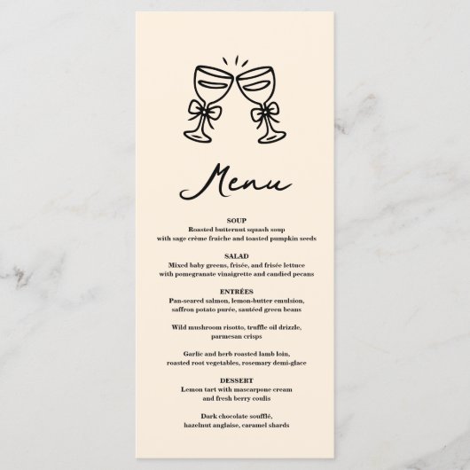Zwarte Handgetekende Champagne Whimsical Huwelijk Menu (Voorkant)
