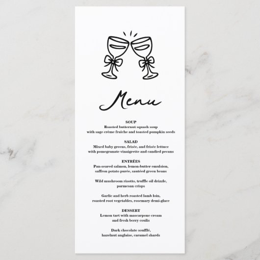 Zwarte Handgetekende Champagne Whimsical Huwelijk Menu (Voorkant)