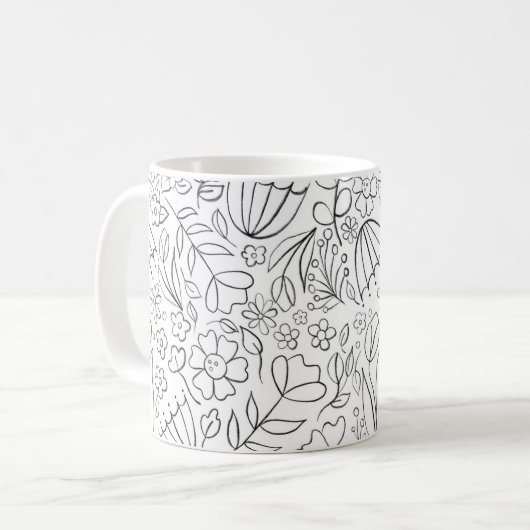 Zwarte handgetekende doodle bloemen mok (Voorkant links)
