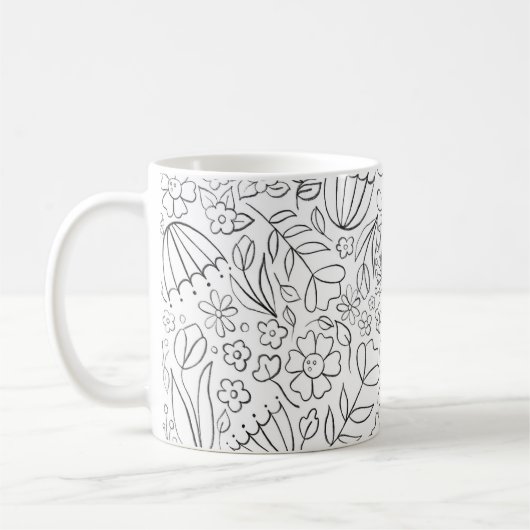 Zwarte handgetekende doodle bloemen mok (Links)