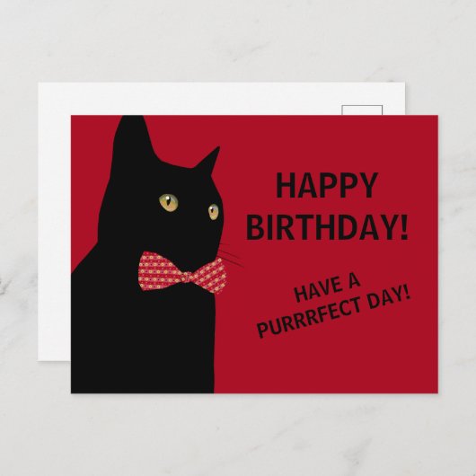 Zwarte Happy Birthday Cat met een Red Bow Stropdas Briefkaart (Voorkant / Achterkant)