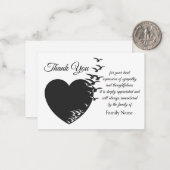 Zwarte hart en vogel na begrafenis bedankkaarten notitiekaartje (Voorkant / Achterkant in situ)