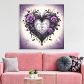  Zwarte Hart & Paarse Rozen in Gotische stijl Canvas Afdruk (Insitu (Woonkamer))