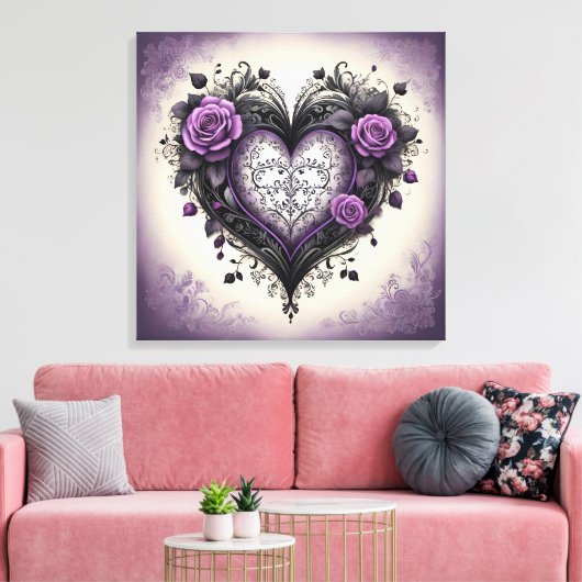  Zwarte Hart & Paarse Rozen in Gotische stijl Canvas Afdruk (Insitu (Woonkamer))