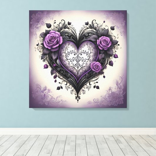  Zwarte Hart & Paarse Rozen in Gotische stijl Canvas Afdruk (Insitu (Houten vloer))