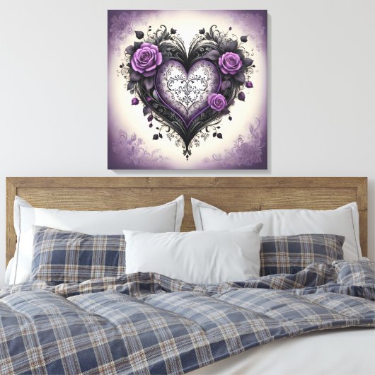  Zwarte Hart & Paarse Rozen in Gotische stijl Canvas Afdruk (Insitu (Slaapkamer))