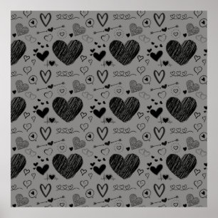 zwarte harten - grijze achtergrond poster