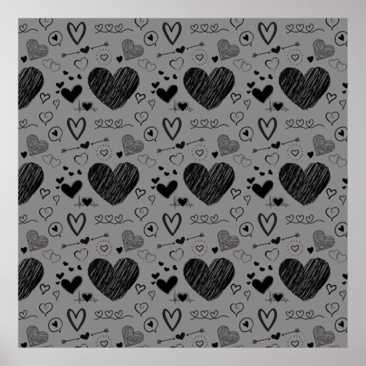zwarte harten - grijze achtergrond poster (Voorkant)