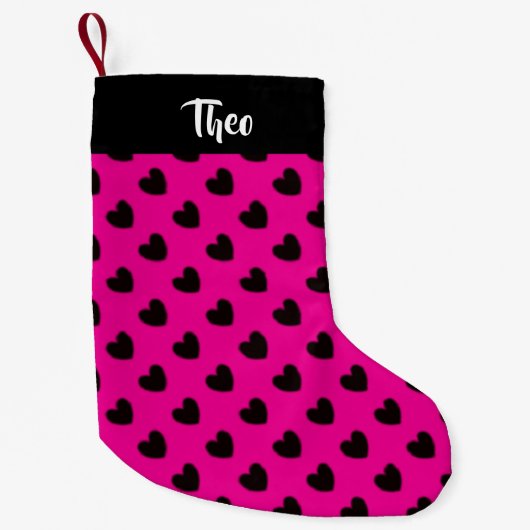 Zwarte harten op roze kleine kerstsok (Voorkant)
