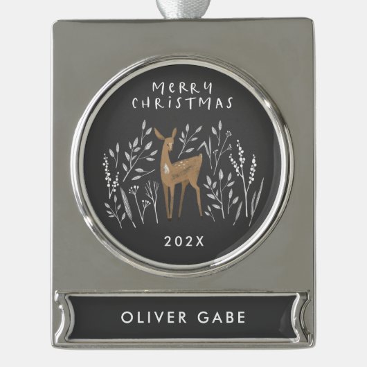 Zwarte hedendaagse rendierbotanische delicate eleg verzilverd banner ornament (Voorkant)