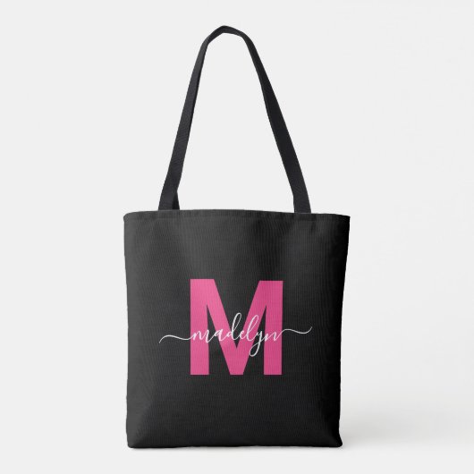 Zwarte Heet Roze Moderne Script Naam Monogram Tote Bag (Achterkant)