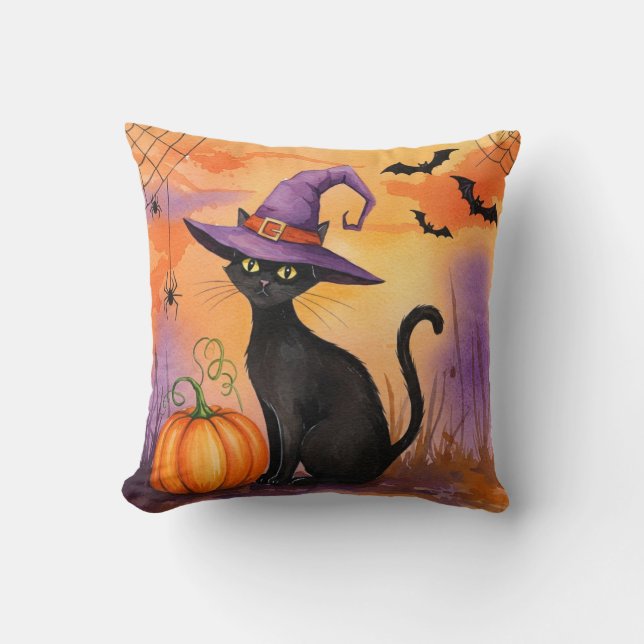 Zwarte Heks Kat Halloween Kussen (Voorkant)