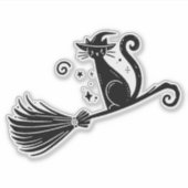 Zwarte heks kat op bezemsteel Halloween Sticker (Voorkant)