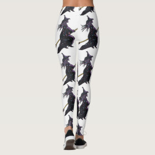 Zwarte heks op bezemsteel witte Halloween Leggings