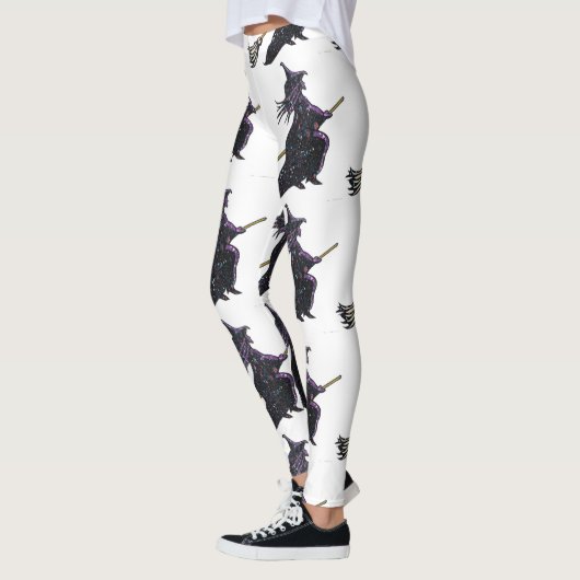 Zwarte heks op bezemsteel witte Halloween Leggings (Links)