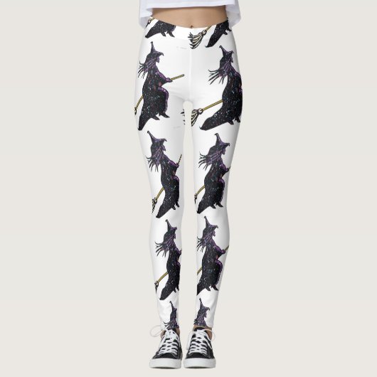Zwarte heks op bezemsteel witte Halloween Leggings (Voorkant)