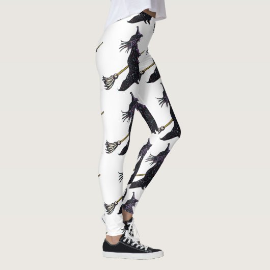 Zwarte heks op bezemsteel witte Halloween Leggings (Rechts)