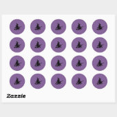 Zwarte heks op paars  ronde sticker (Vel)