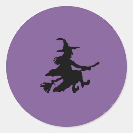 Zwarte heks op paars  ronde sticker (Voorkant)