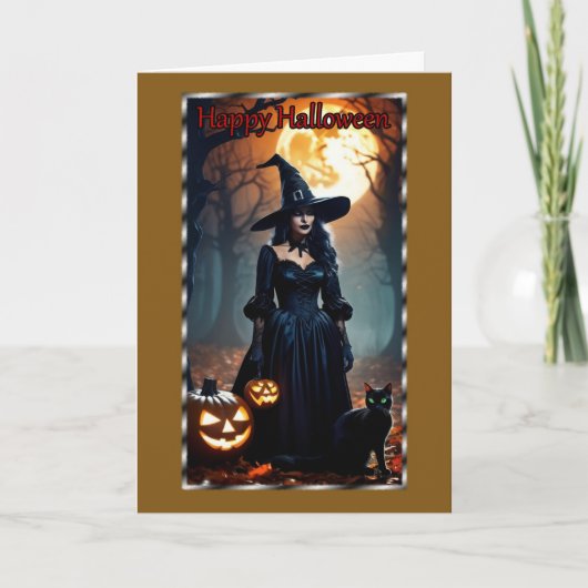 Zwarte heks, zwarte kat Halloween Kaart (Voorkant)